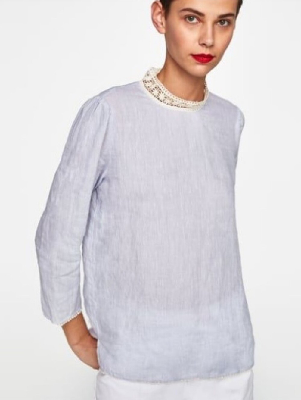 Zara Basic Linen Blouse Cottagecore Romantic Boho Lace Trim Light Blue Size S